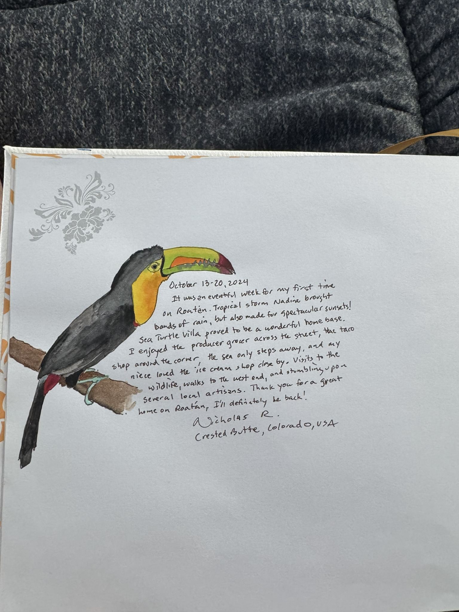 Handwritten guest book review from Sea Turtle Villa