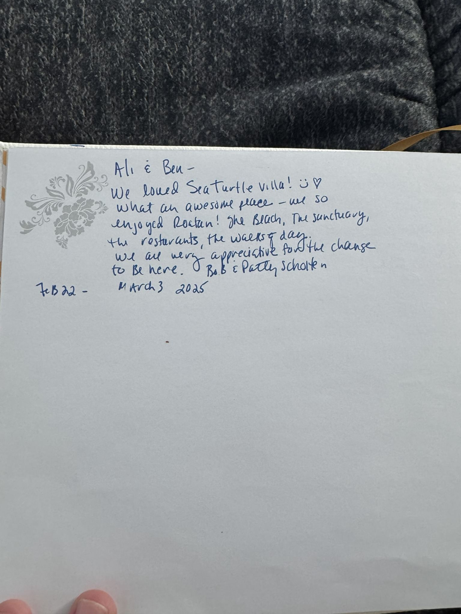 Handwritten guest book review from Sea Turtle Villa
