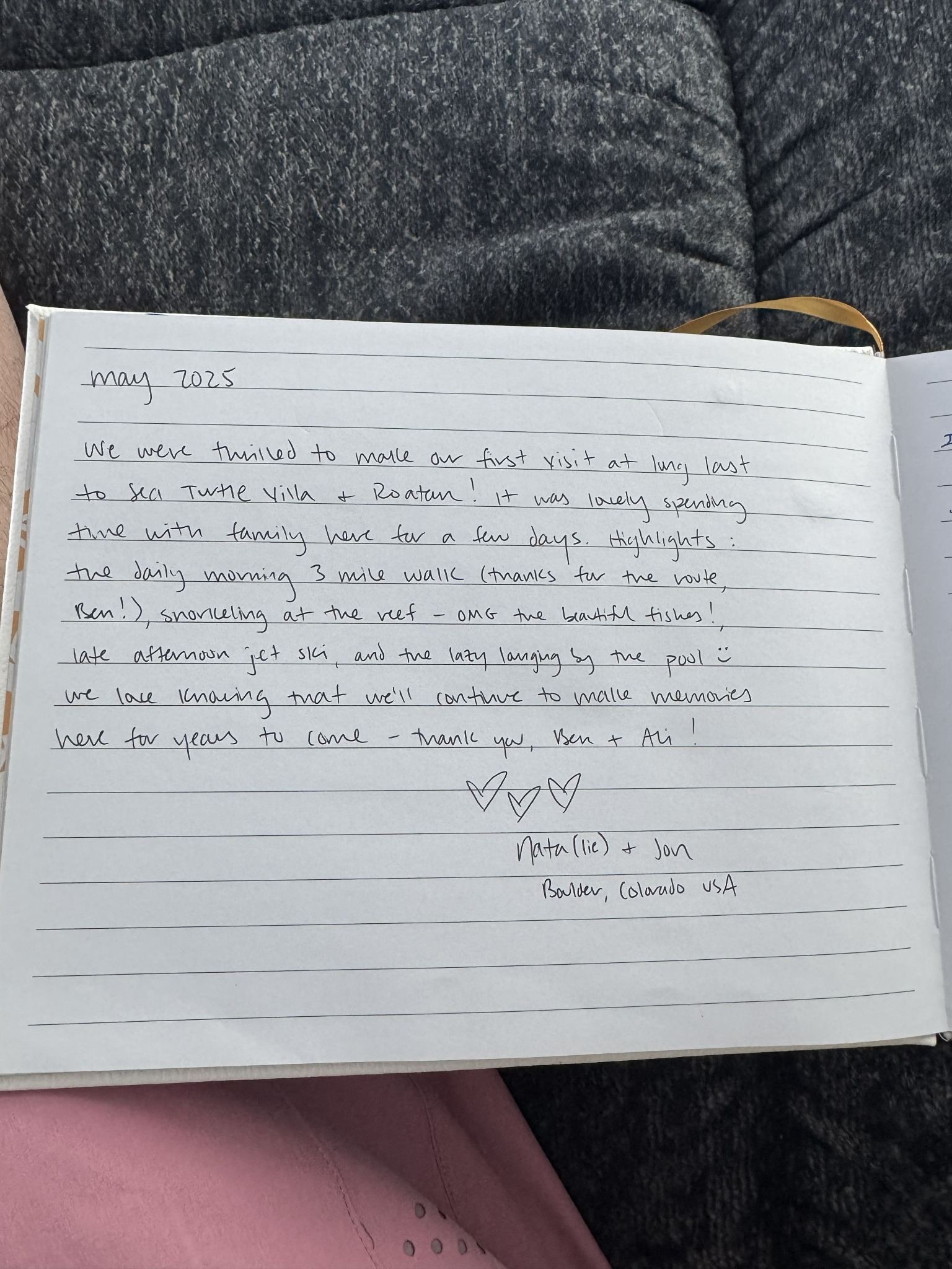Handwritten guest book review from Sea Turtle Villa