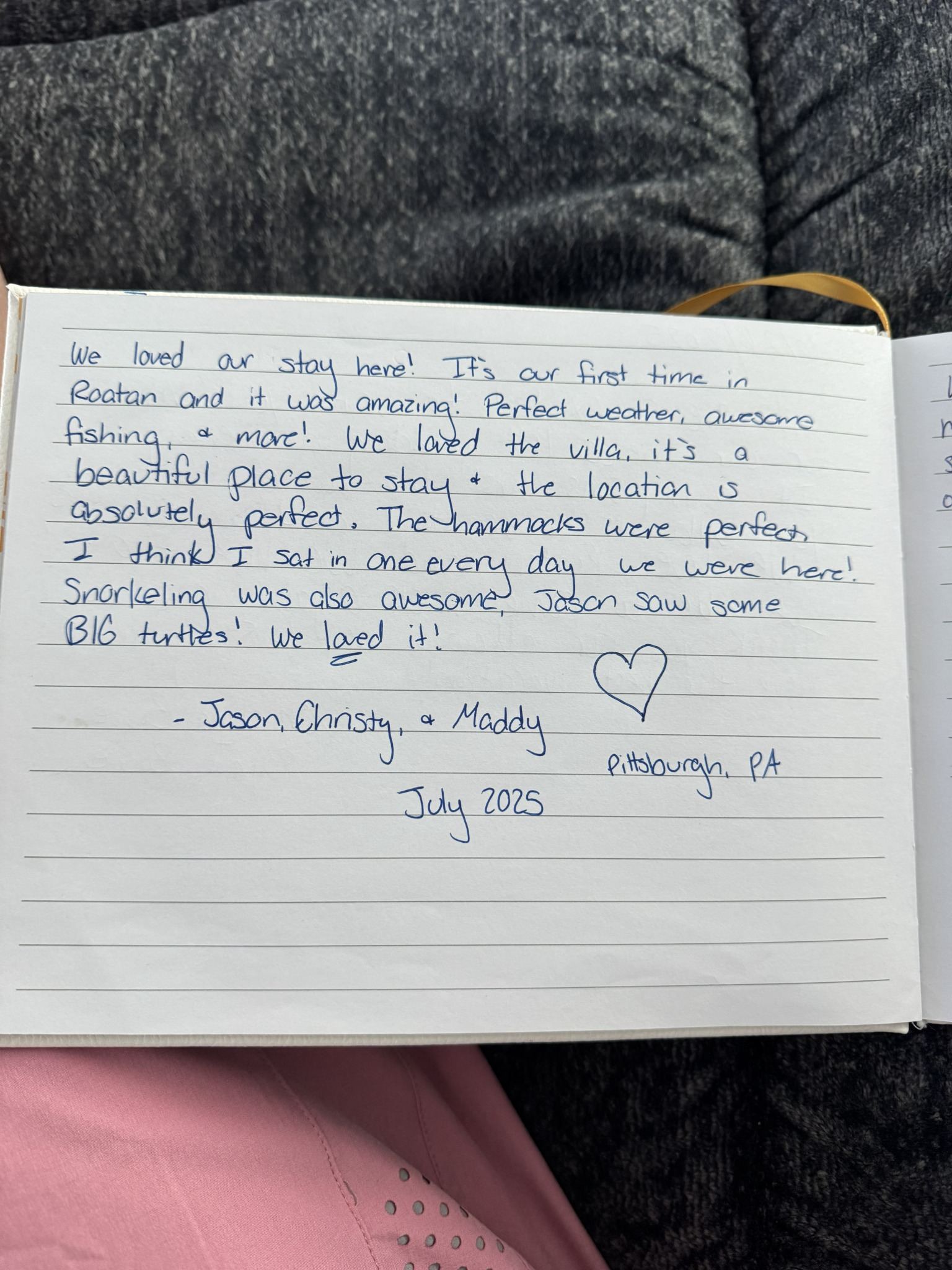 Handwritten guest book review from Sea Turtle Villa