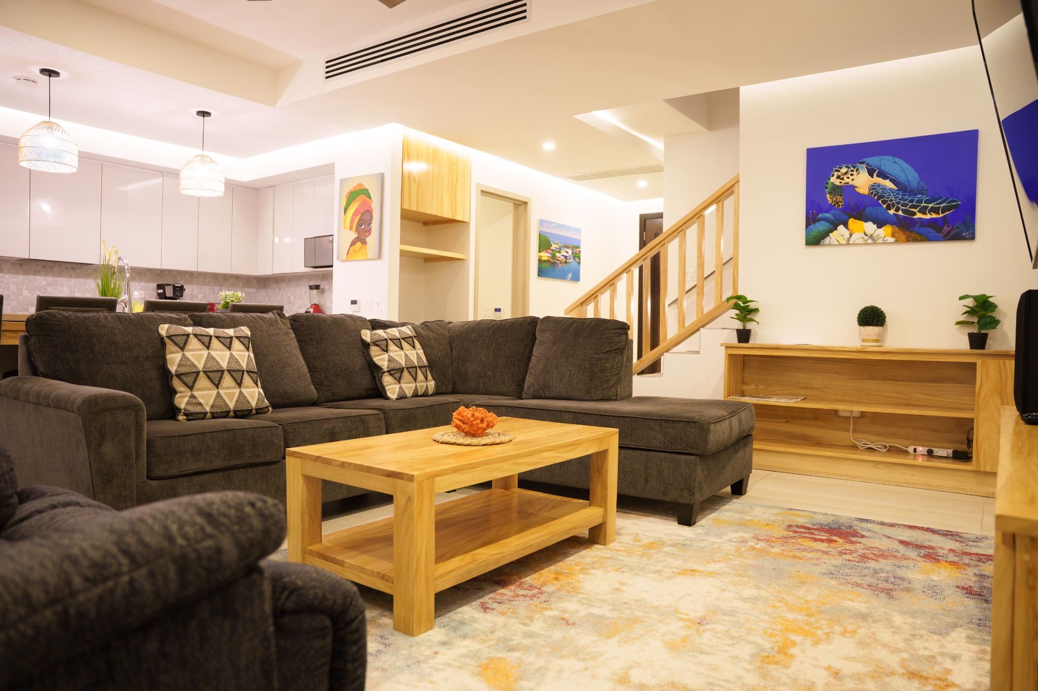 Open living and kitchen space at Sea Turtle Villa for families