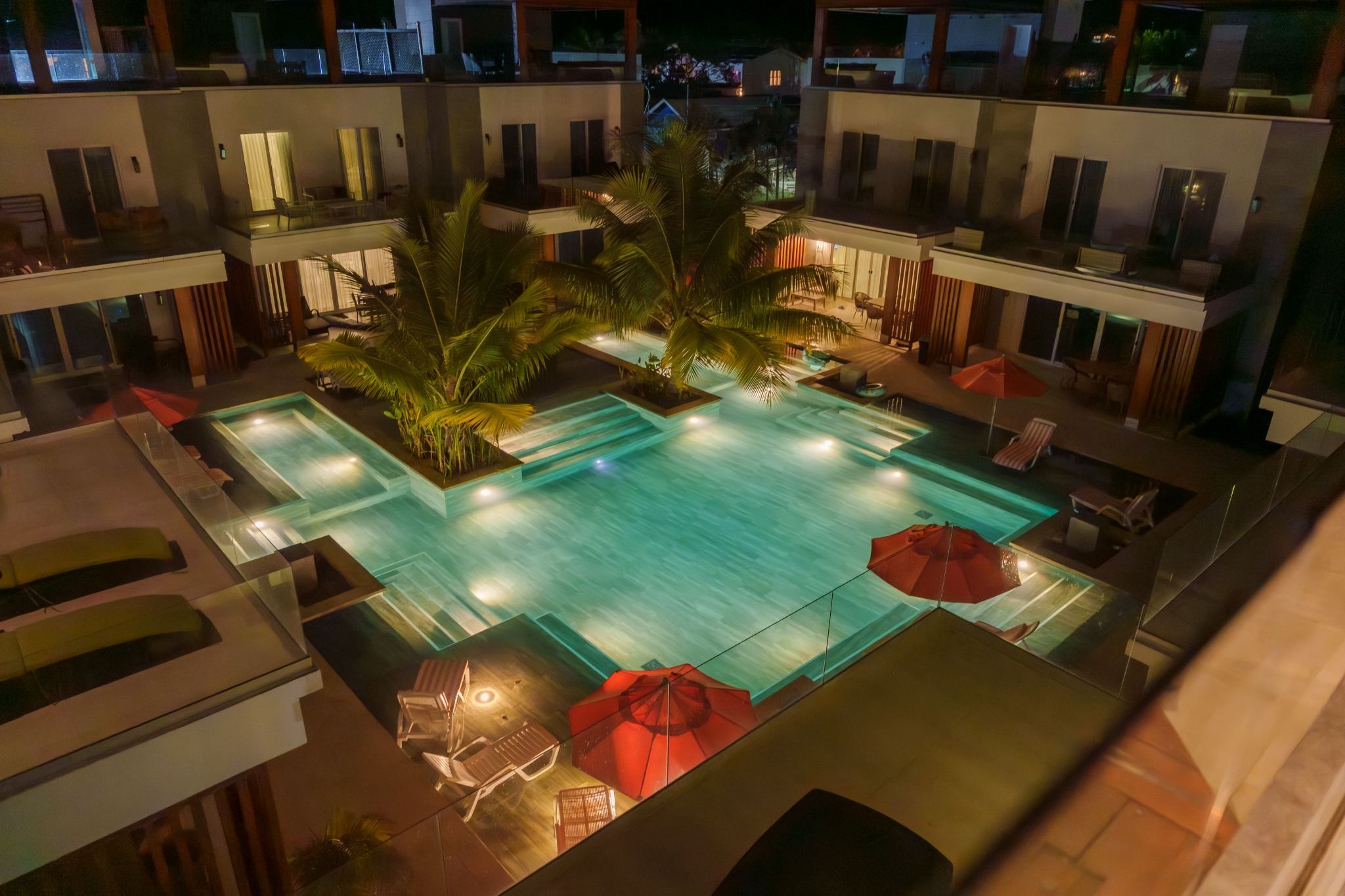 Illuminated pool after sunset
